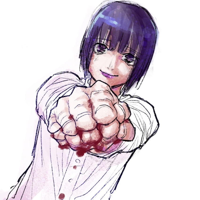 1boy, blood, blood_on_hands, closed_mouth, hands_up, highres, juujika_no_rokunin, long_hair, looking_at_viewer, purple_eyes, purple_hair, shigoku_kyou, shirt, shiryu_nakatake, simple_background, smile, solo, white_background, white_shirt