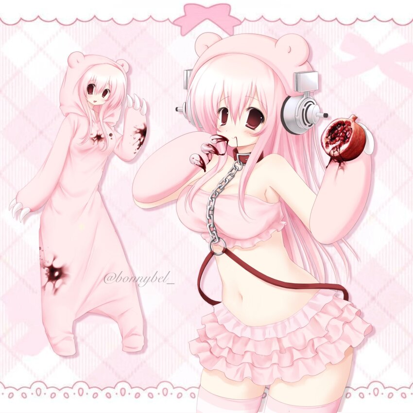 1girl, 2000s_(style), animal_costume, animal_ear_headphones, animal_ears, bear_costume, bear_ears, blood