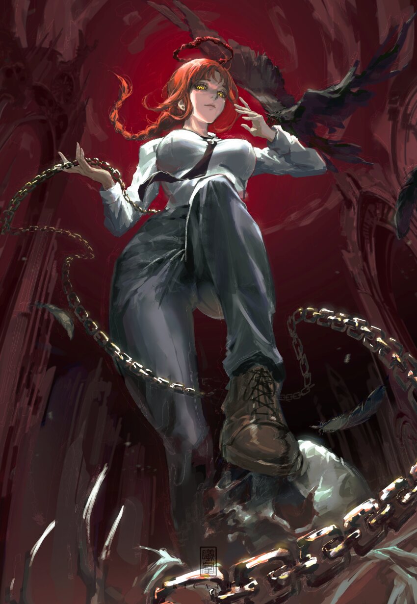 1girl, absurdres, bird, black_necktie, black_pants, blood, blood_halo, braid, braided_ponytail, breasts, brown_footwear, chain, chainsaw_man, collared_shirt, ericathw, formal_clothes, from_below, hair_lift, halo, highres, large_breasts, liquid_halo, makima_(chainsaw_man), mixed-language_commentary, necktie, pants, pillar, red_background, red_hair, ringed_eyes, shirt, shirt_tucked_in, single_braid, solo, white_shirt, yellow_eyes