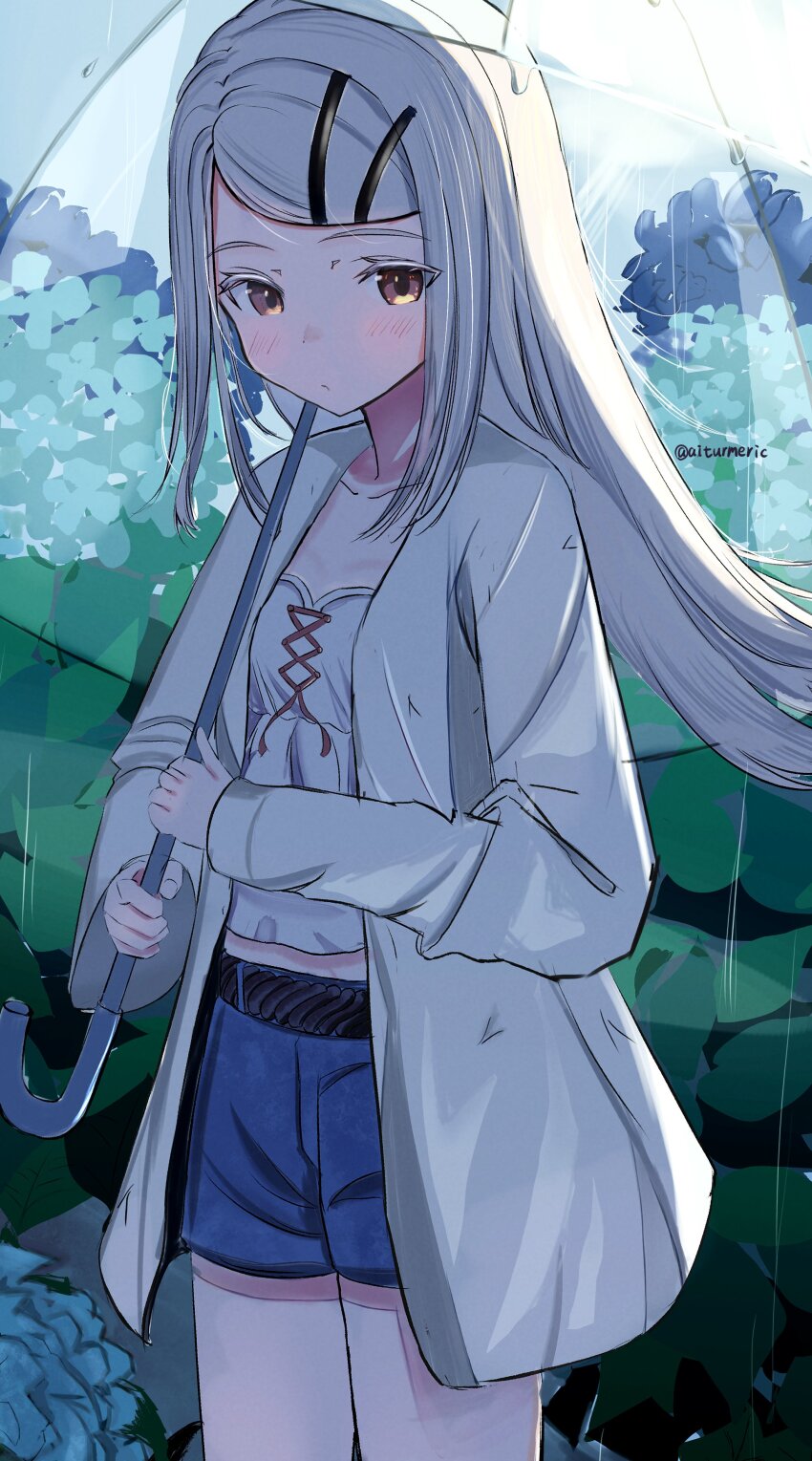 1girl, absurdres, aiturmeric, blush, camisole, collarbone, colored_eyelashes, commentary_request