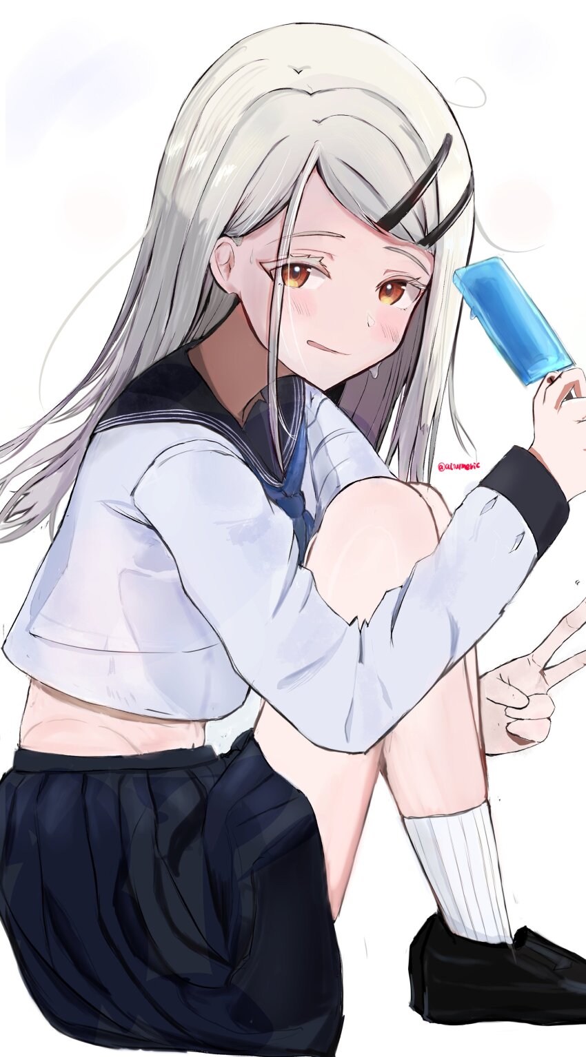 1girl, absurdres, aiturmeric, black_footwear, black_skirt, blue_neckerchief, blush, colored_eyelashes, commentary_request, cropped_shirt, food, gakuen_idolmaster, highres, holding, holding_food, holding_ice_cream, ice_cream, ice_cream_bar, idolmaster, knees_up, light_brown_hair, long_hair, long_sleeves, looking_at_viewer, looking_to_the_side, melting, midriff, neckerchief, orange_eyes, pleated_skirt, school_uniform, serafuku, shinosawa_hiro, shirt, simple_background, sitting, skirt, smile, socks, solo, sweat, v, white_background, white_shirt, white_socks