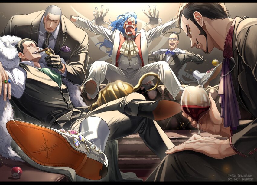 5boys, ascot, black_hair, black_necktie, black_pants, black_vest, blue_bow, blue_bowtie