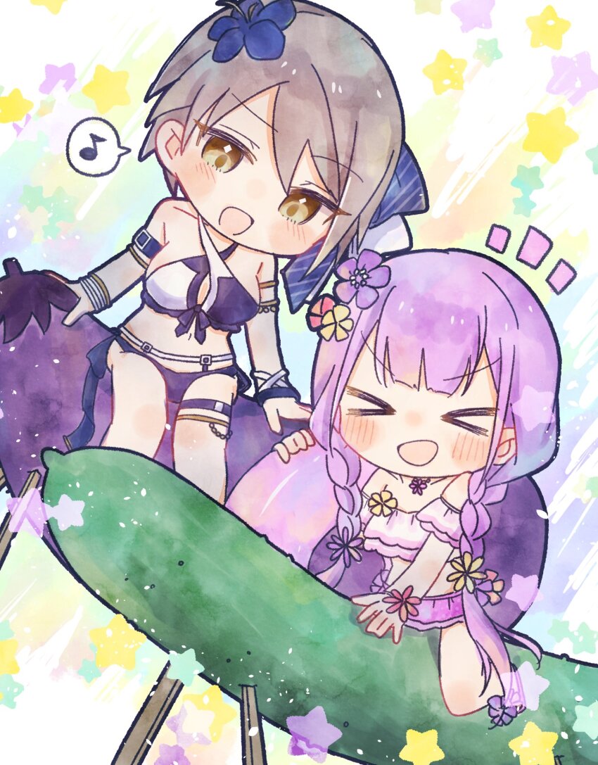 >_<, 2girls, :d, aqua_background, arm_belt, armlet, arms_at_sides, assault_lily