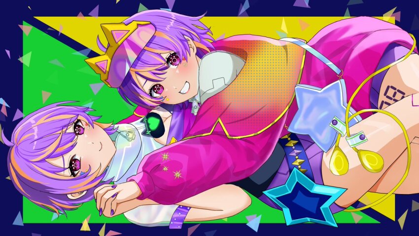 2girls, ahoge, aurix_"rixxy"_brightful, bag, blonde_hair, blush, breasts, cardiogram