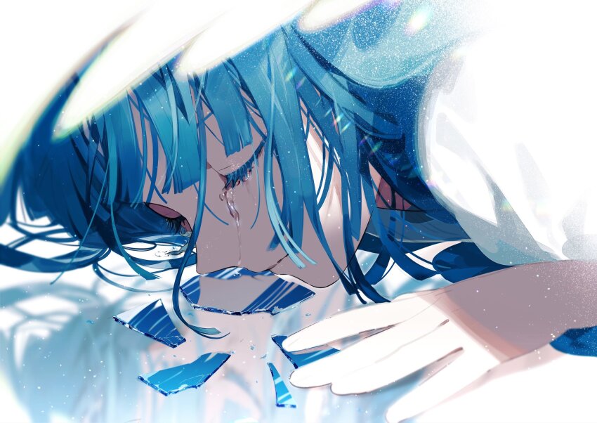 1girl, ado_(utaite), akuru-chan_(ado), blue_hair, broken_glass, closed_mouth, crying, eien_no_akuru_hi