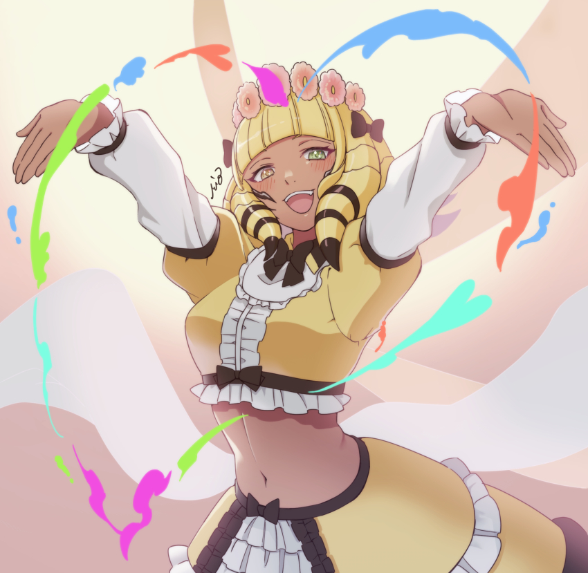1girl, :d, arms_up, black_bow, black_bowtie, black_hair, blonde_hair, blush, bow, bowtie, cowboy_shot, crop_top, dark-skinned_female, dark_skin, fangs, final_fantasy, final_fantasy_xiv, flower, frilled_shirt, frilled_skirt, frills, green_eyes, hair_bow, hair_flower, hair_ornament, head_wreath, heart, heterochromia, highres, honey_b._lovely, long_sleeves, looking_at_viewer, medium_hair, midriff, multicolored_hair, navel, open_mouth, rio30, shirt, signature, simple_background, skirt, smile, solo, teeth, upper_teeth_only, yellow_background, yellow_eyes, yellow_shirt, yellow_skirt