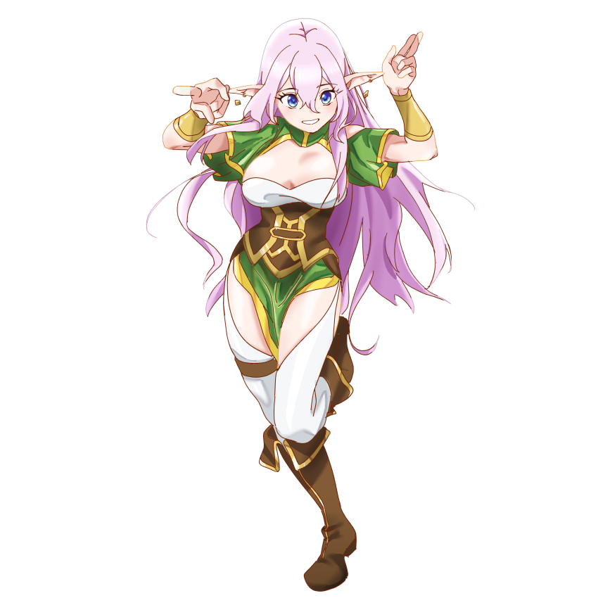 1girl, absurdres, blue_eyes, boots, breasts, dress, elf, full_body