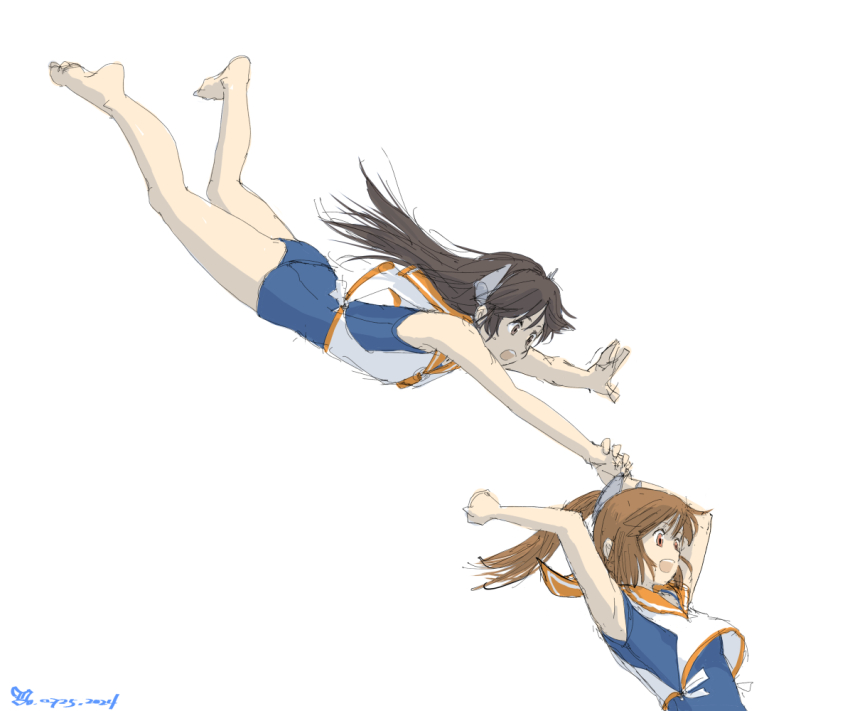 2girls, black_hair, blue_one-piece_swimsuit, brown_eyes, brown_hair, dark-skinned_female, dark_skin, full_body