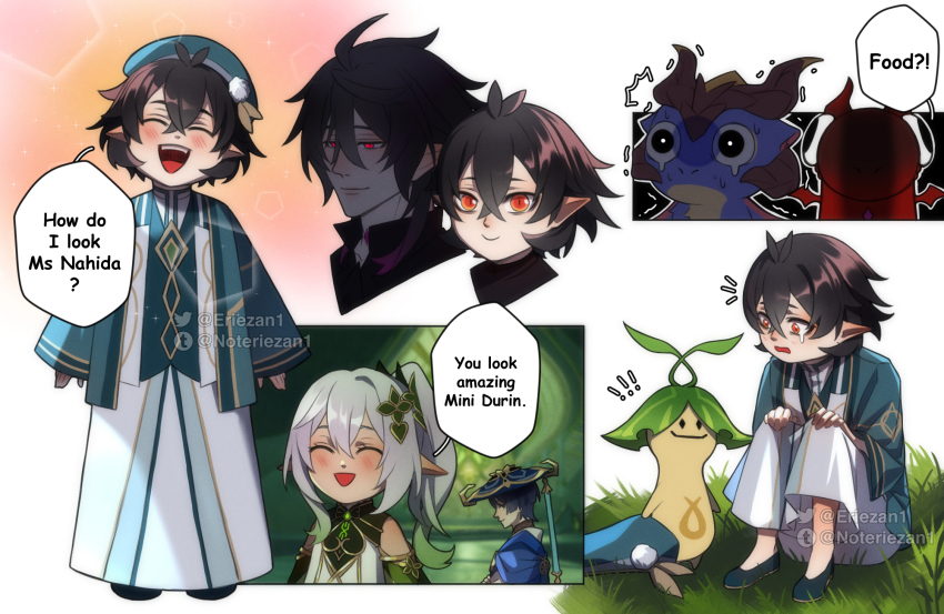 1girl, 2boys, aged_up, akademiya_uniform, antenna_hair, aranara_(genshin_impact), armlet, beret