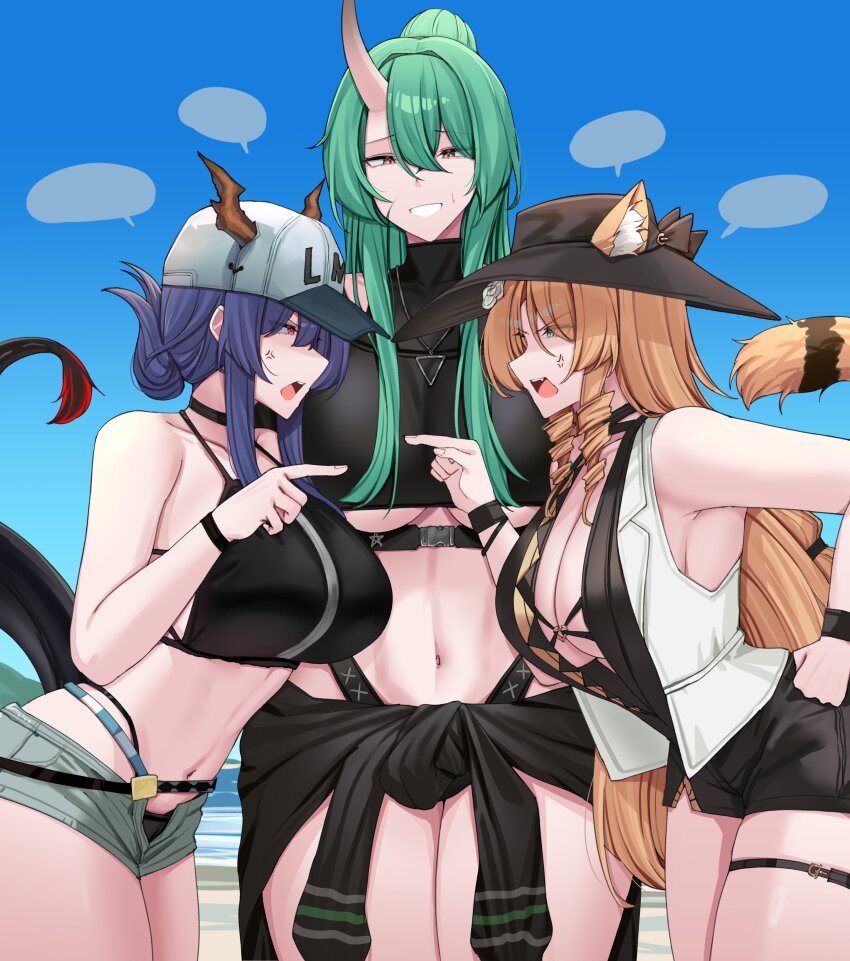 3girls, absurdres, anger_vein, animal_ears, arknights, armpits, bare_shoulders, beach