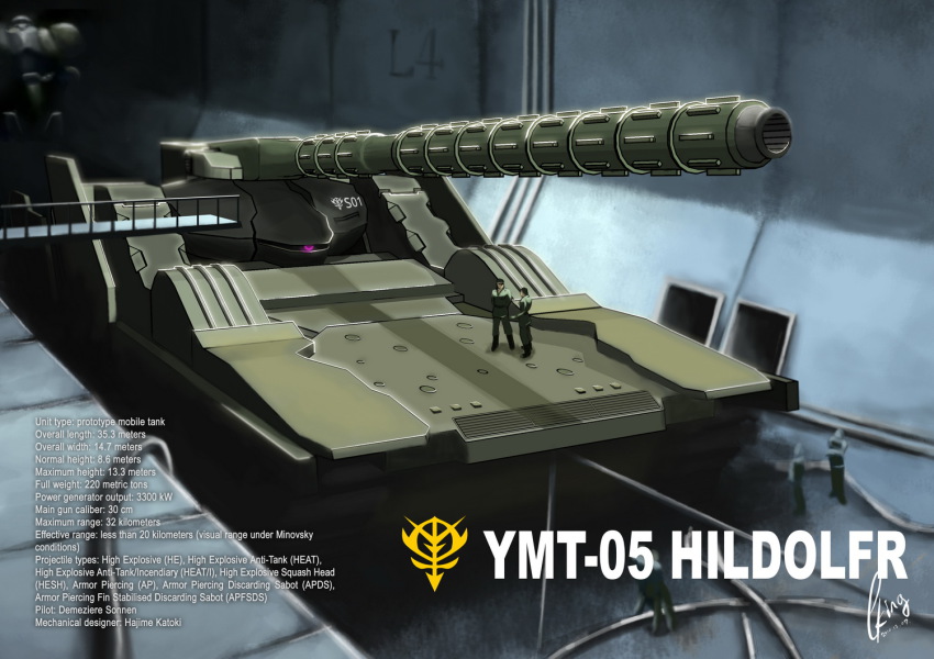 cannon, cking, emblem, engineer, english_text, gundam, gundam_ms_igloo, hildolfr, industrial_pipe, male_focus, mecha, military, military_vehicle, motor_vehicle, multiple_boys, robot, tank, vehicle, weapon, zeon