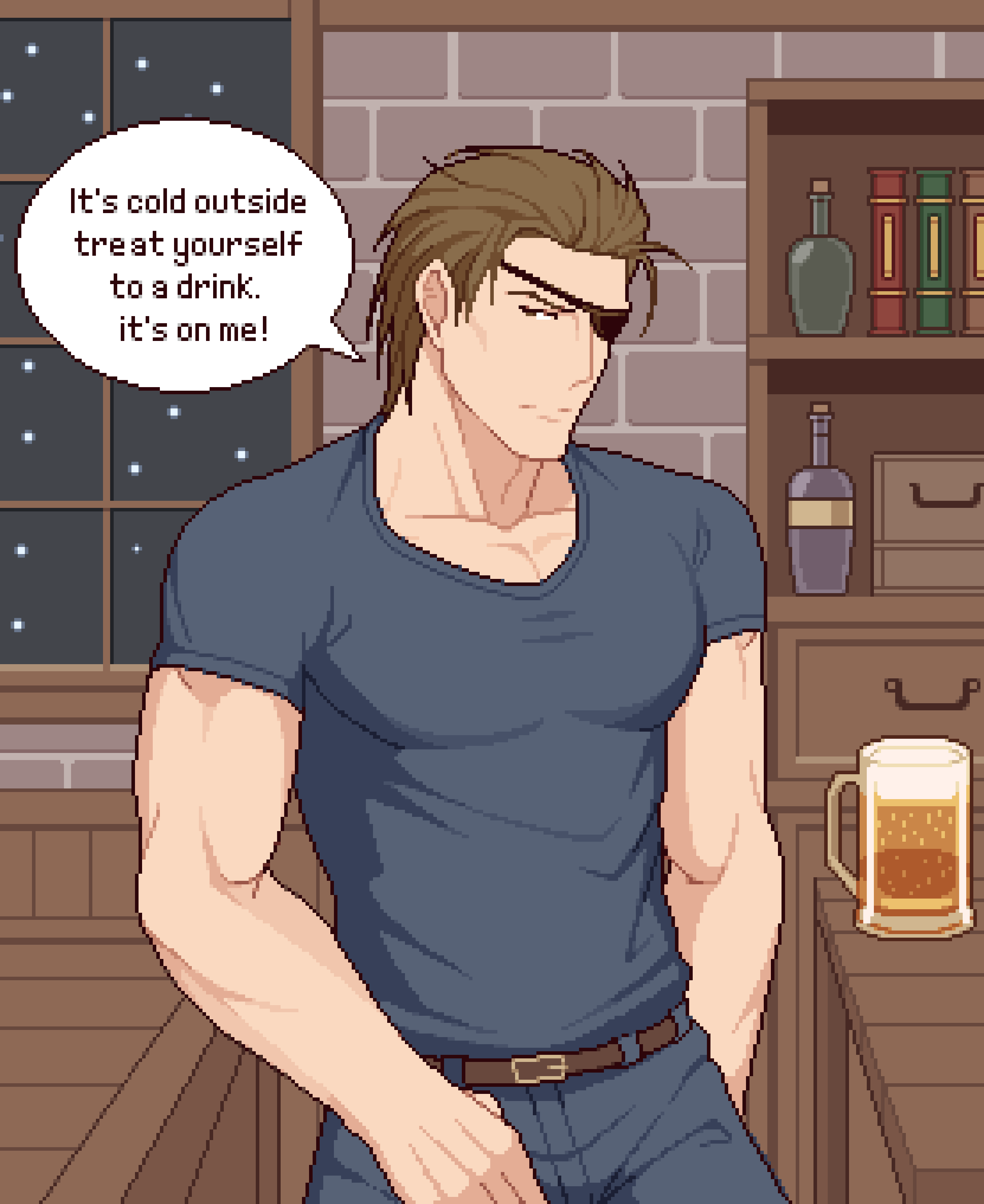 1boy, absurdres, alcohol, beer, beer_mug, belt, black_shirt, brown_hair, catnipsmoker_(hakino), covered_pectorals, cup, english_text, eyepatch, fire_emblem, fire_emblem:_path_of_radiance, fire_emblem:_radiant_dawn, haar_(fire_emblem), hair_slicked_back, highres, indoors, male_focus, mug, nintendo, pants, pectorals, pixel_art, shirt, speech_bubble, t-shirt, window