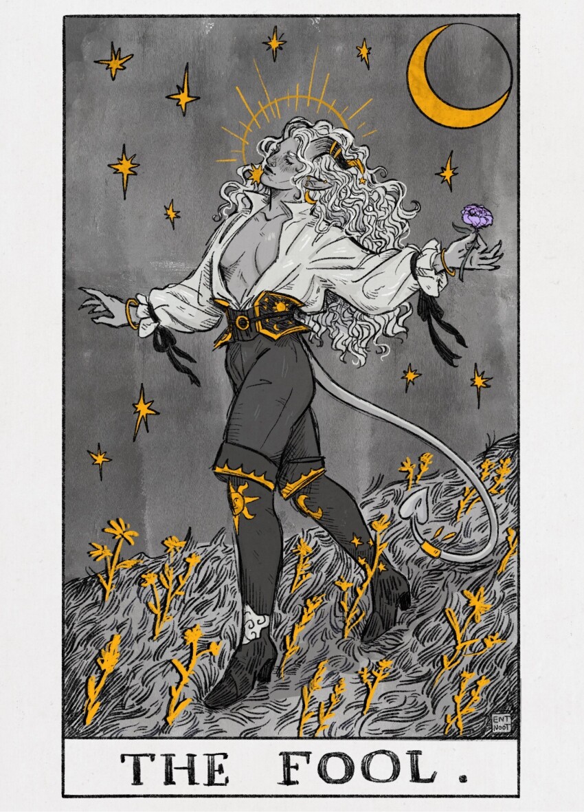 1girl, belt, black_horns, boots, border, bracelet, breasts, card, claws, closed_eyes, closed_mouth, cloud_print, collared_shirt, crescent, crescent_earrings, crescent_moon, demon_horns, earrings, english_text, entnoot, fantasy, field, flower, full_body, gold_bracelet, gold_trim, grey_background, halo, head_tilt, heart, heart_tail, high_heel_boots, high_heels, highres, hill, holding, holding_flower, horn_ornament, horns, jewelry, knee_boots, long_hair, long_pointy_ears, long_sleeves, medium_breasts, monochrome, moon, moon_print, open_clothes, open_shirt, original, pants, pointy_ears, print_belt, puffy_long_sleeves, puffy_sleeves, purple_flower, shirt, smile, solo, spot_color, standing, star_(sky), star_(symbol), star_print, sun_earrings, sun_print, tail, tail_ornament, tarot, tarot_card, the_fool_(tarot), very_long_hair, walking, white_border, white_hair, white_shirt, wrist_bow, yellow_flower