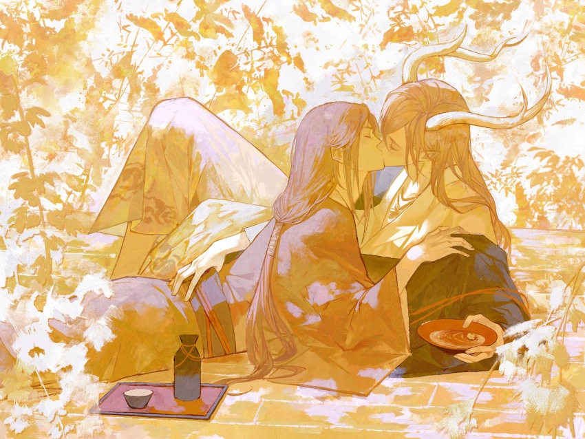 2boys, absurdres, antlers, black_hair, bottle, calendulamew, closed_eyes, couple