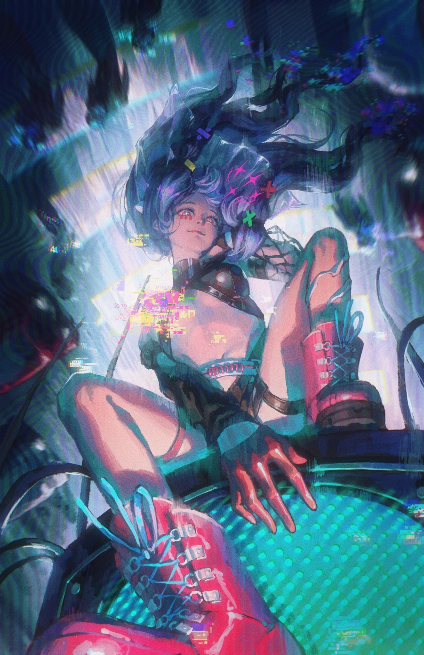 000_(path_to_nowhere), 1girl, absurdres, asymmetrical_sleeves, blue_hair, boots, breasts, cable