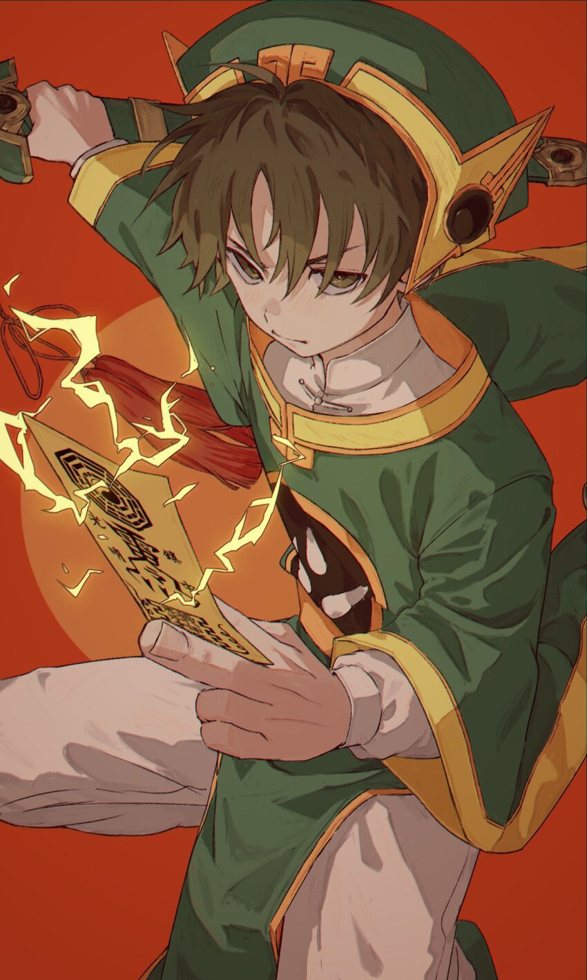 1boy, brown_eyes, brown_hair, card, cardcaptor_sakura, child, chinese_clothes, commentary_request