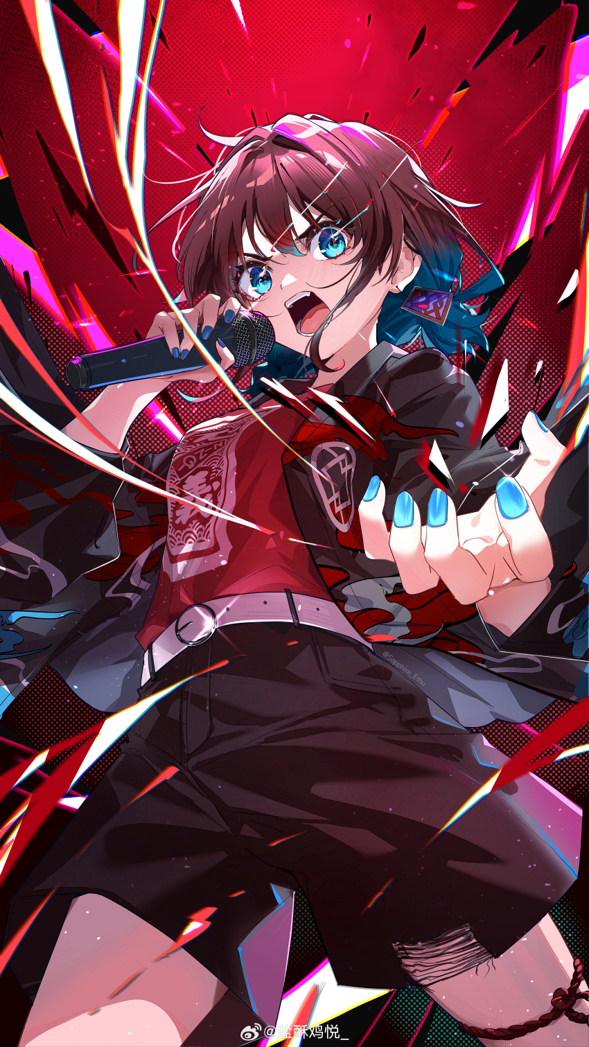 1girl, absurdres, belt, belt_buckle, black_happi, black_shorts, blue_eyes, blue_hair