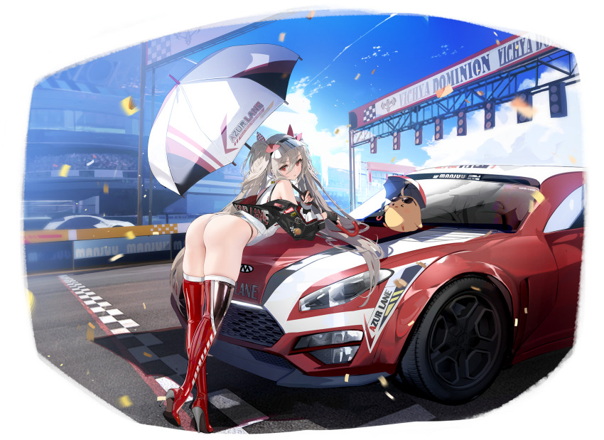 1girl, arched_back, ass, azur_lane, baby_animal, bare_shoulders, bird, black_gloves, black_jacket, blue_sky, blush, boots, breasts, brown_hair, car, chick, clothes_writing, clothing_cutout, cloud, cloudy_sky, confetti, day, elbow_gloves, eyewear_on_head, fingerless_gloves, from_behind, from_side, full_body, gloves, grey_hair, hair_between_eyes, hair_ornament, hair_ribbon, high_heel_boots, high_heels, highleg, highleg_leotard, highres, holding, holding_umbrella, jacket, l'audacieux_(azur_lane), l'audacieux_(protector_beneath_the_parasol)_(azur_lane), leaning, leaning_forward, leaning_on_object, leotard, long_hair, long_sleeves, looking_at_viewer, looking_back, manjuu_(azur_lane), mercedes-benz, motor_vehicle, namyo, non-web_source, off_shoulder, official_alternate_costume, official_art, on_car, open_clothes, outdoors, race_queen, race_vehicle, racecar, red_eyes, red_footwear, red_thighhighs, ribbon, shadow, sidelocks, skindentation, sky, sleeveless, sports_car, standing, sunglasses, thick_thighs, thigh_boots, thighhighs, thighs, thong_leotard, tinted_eyewear, transparent_background, two_side_up, umbrella, unused_tire, v, vehicle_focus, vehicle_request, very_long_hair, vichya_dominion_(emblem), visor_cap, white_leotard, white_umbrella
