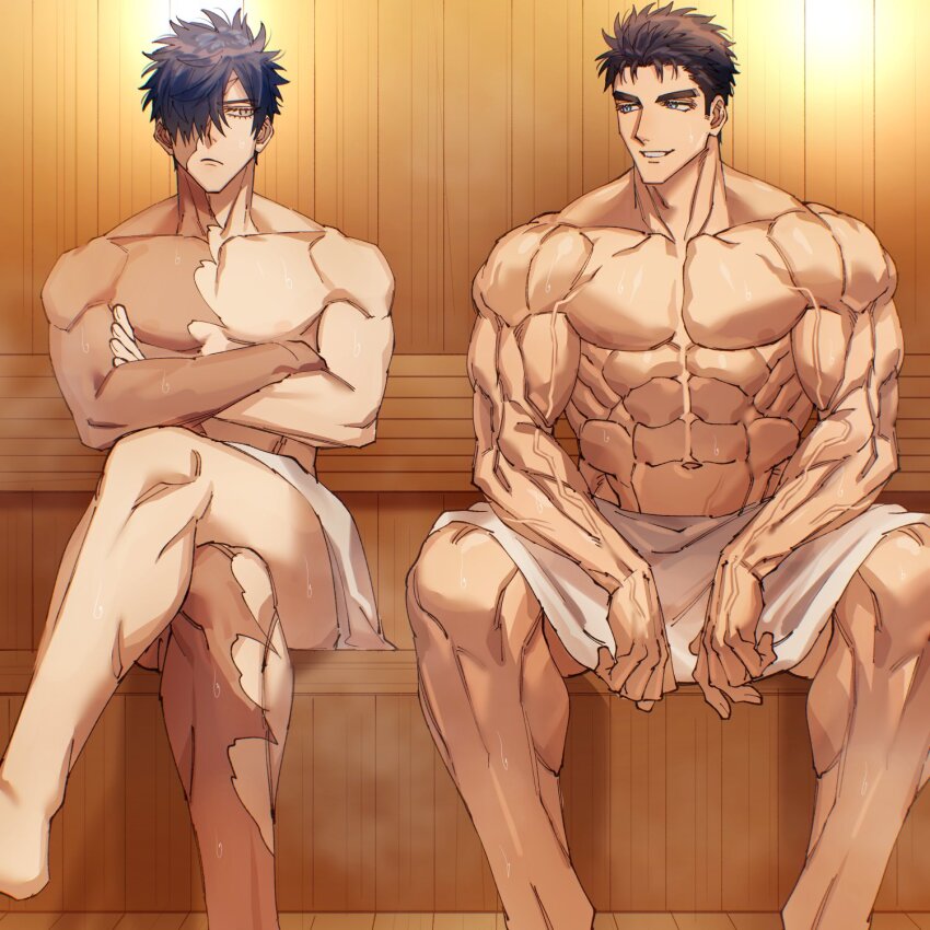 2boys, abs, bara, black_hair, blue_eyes, burn_scar, crossed_arms, crossed_legs