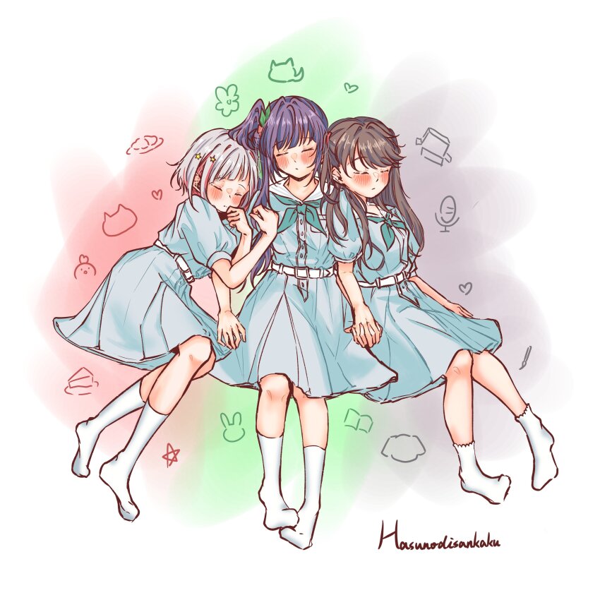 3girls, absurdres, aqua_neckerchief, blue_dress, blush, bob_cut, border, breast_pocket
