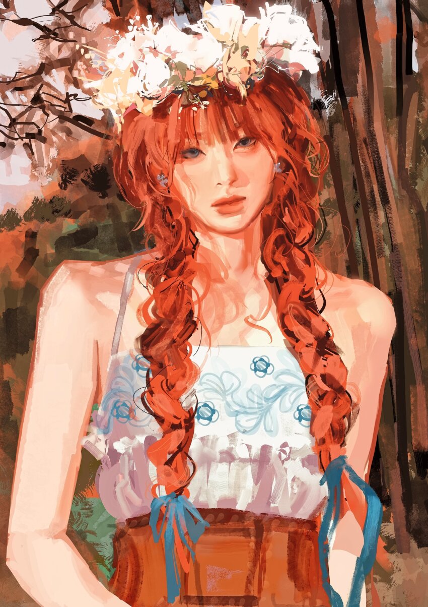 1girl, absurdres, blue_ribbon, blunt_bangs, braid, braided_twintails, closed_mouth, dress