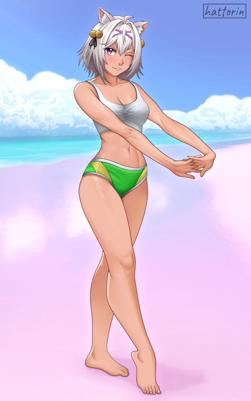 1girl, absurdres, animal_ears, bell, breasts, cleavage, filian_(vtuber), fox_ears, grey_hair, hair_bell, hair_between_eyes, hair_ornament, hattorin, highres, indie_virtual_youtuber, medium_breasts, navel, one_eye_closed, purple_eyes, shiny_skin, solo, virtual_youtuber, wink