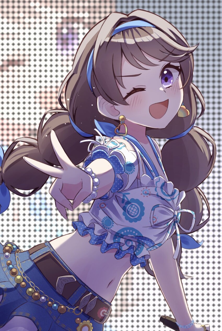 1girl, ;d, belt, blue_hairband, blue_skirt, brown_belt, brown_hair, commentary, cropped_shirt, denim, denim_skirt, frilled_shirt, frilled_skirt, frills, fujishima_megumi, hair_intakes, hairband, highres, hisaka, holding, holding_microphone, link!_like!_love_live!, long_hair, looking_at_viewer, love_live!, microphone, midriff, miniskirt, multi-tied_hair, natsumeki_pain, official_alternate_costume, one_eye_closed, open_mouth, puffy_short_sleeves, puffy_sleeves, purple_eyes, screen_zoom, shirt, short_sleeves, skirt, smile, solo, twintails, upper_body, v, v-shaped_eyebrows, virtual_youtuber, white_shirt