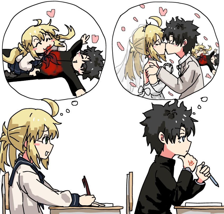 1boy, 1girl, ahoge, artoria_caster_(fate), artoria_pendragon_(fate), black_hair, black_shirt, blonde_hair, blood, blush, breasts, bridal_veil, cannibalism, chair, closed_eyes, commentary, desk, dress, ebora, english_commentary, fate/grand_order, fate_(series), fujimaru_ritsuka_(male), green_eyes, highres, kiss, long_hair, long_sleeves, meme, open_mouth, parody, sailor_collar, school_uniform, she_versus_he_thought_bubble_(meme), shirt, short_hair, small_breasts, speech_bubble, thought_bubble, twintails, veil, wedding_dress, white_dress, white_shirt