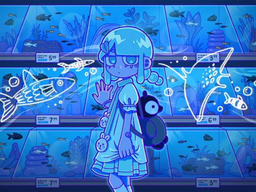 1girl, animal_bag, backpack, bag, bandaid_on_wrist, bead_bracelet, beads, blue_dress