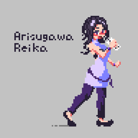 1girl, arisugawa_reika, bare_shoulders, black_footwear, black_hair, character_name, commentary_request, drink, etcetera_777, from_side, full_body, gems_company, grey_background, holding, holding_drink, long_hair, lowres, open_mouth, pants, parted_bangs, pixel_art, purple_eyes, purple_pants, purple_sweater, simple_background, sleeveless, sleeveless_sweater, solo, standing, sweater, virtual_youtuber