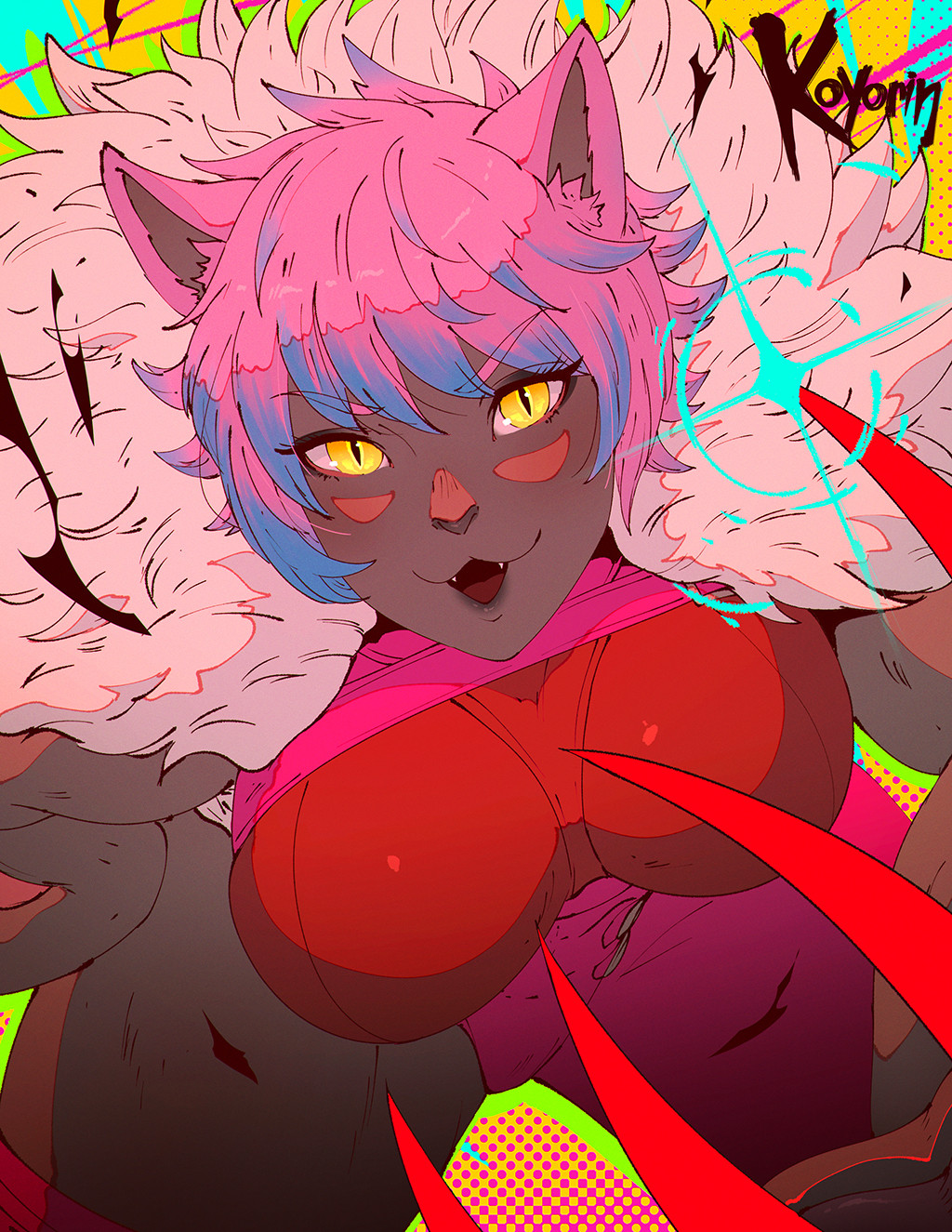 1girl, animal_ears, artist_name, black_cat_(ff14), blue_hair, breasts, cat_ears, cat_girl