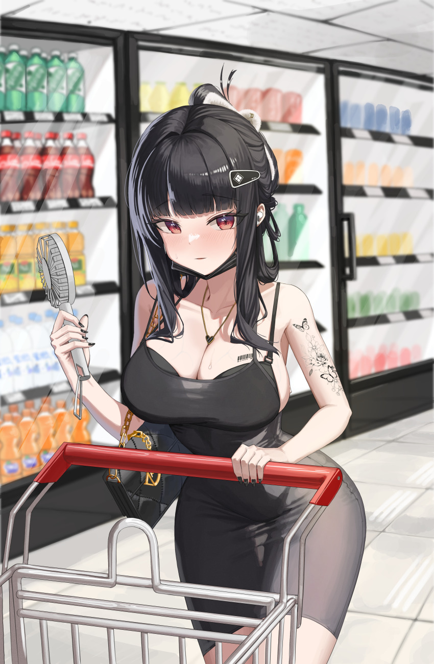 1girl, absurdres, ahoge, airpods, arm_tattoo, bag, barcode, barcode_tattoo, black_bra, black_dress, black_hair, black_mask, black_nails, blurry, blurry_background, bottle, bra, bra_peek, breast_tattoo, breasts, butterfly_tattoo, chain, che_(komulkomul48), cleavage, coca-cola, collarbone, commentary, cowboy_shot, d_(killer_wife)_(nikke), d_(nikke), dongtan_dress, dress, fingernails, goddess_of_victory:_nikke, gold_chain, grocery_store, hair_ornament, hair_up, hairclip, hand_fan, handbag, heart, heart_necklace, highres, holding, holding_fan, indoors, jewelry, large_breasts, light_blush, light_smile, long_hair, looking_at_viewer, mask, mask_pull, mouth_mask, nail_polish, necklace, pencil_dress, red_eyes, refrigerator, shiny_floor, shopping, shopping_cart, sleeveless, sleeveless_dress, soda_bottle, solo, sweatdrop, tattoo, taut_clothes, taut_dress, tile_floor, tiles, undersized_breast_cup, underwear, veins, veiny_breasts, walking, wireless_earphones
