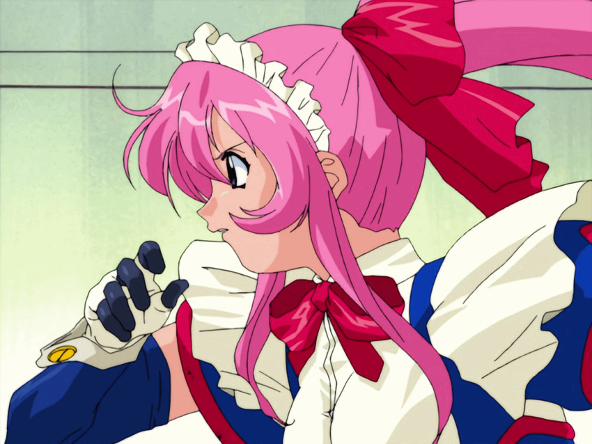 1990s_(style), 1girl, android, animated, animated_gif, apron, black_gloves, blue_dress