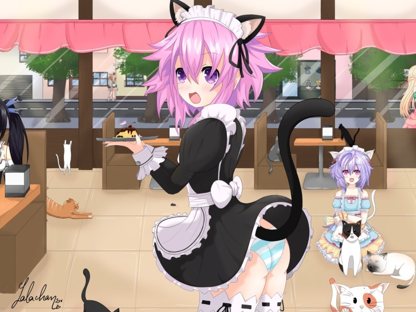 5girls, :d, alternate_costume, animal_ears, apron, artist_name, ass, black_ribbon