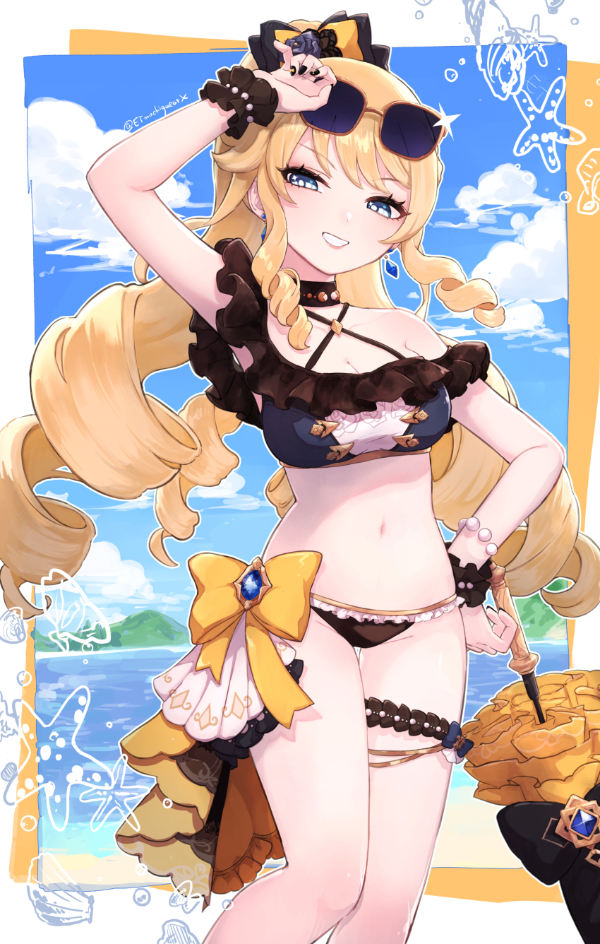 1girl, absurdres, alternate_costume, arm_up, beach, bikini, black_bikini, black_bow, black_choker, black_flower, black_nails, black_panties, blonde_hair, blue_eyes, blue_sky, bow, breasts, choker, cleavage, cloud, commentary_request, drill_hair, earrings, etmachigaeatx, eyewear_on_head, fingernails, flower, frilled_bikini, frilled_panties, frills, genshin_impact, grin, hair_bow, hair_flower, hair_ornament, hand_on_own_hip, highres, jewelry, long_hair, looking_at_viewer, medium_breasts, midriff, nail_art, nail_polish, navel, navia_(genshin_impact), outdoors, panties, single_bare_shoulder, sky, smile, solo, stomach, sunglasses, swimsuit, teeth, thigh_strap, thighlet, tinted_eyewear, umbrella, underwear, very_long_hair, yellow-framed_eyewear, yellow_bow