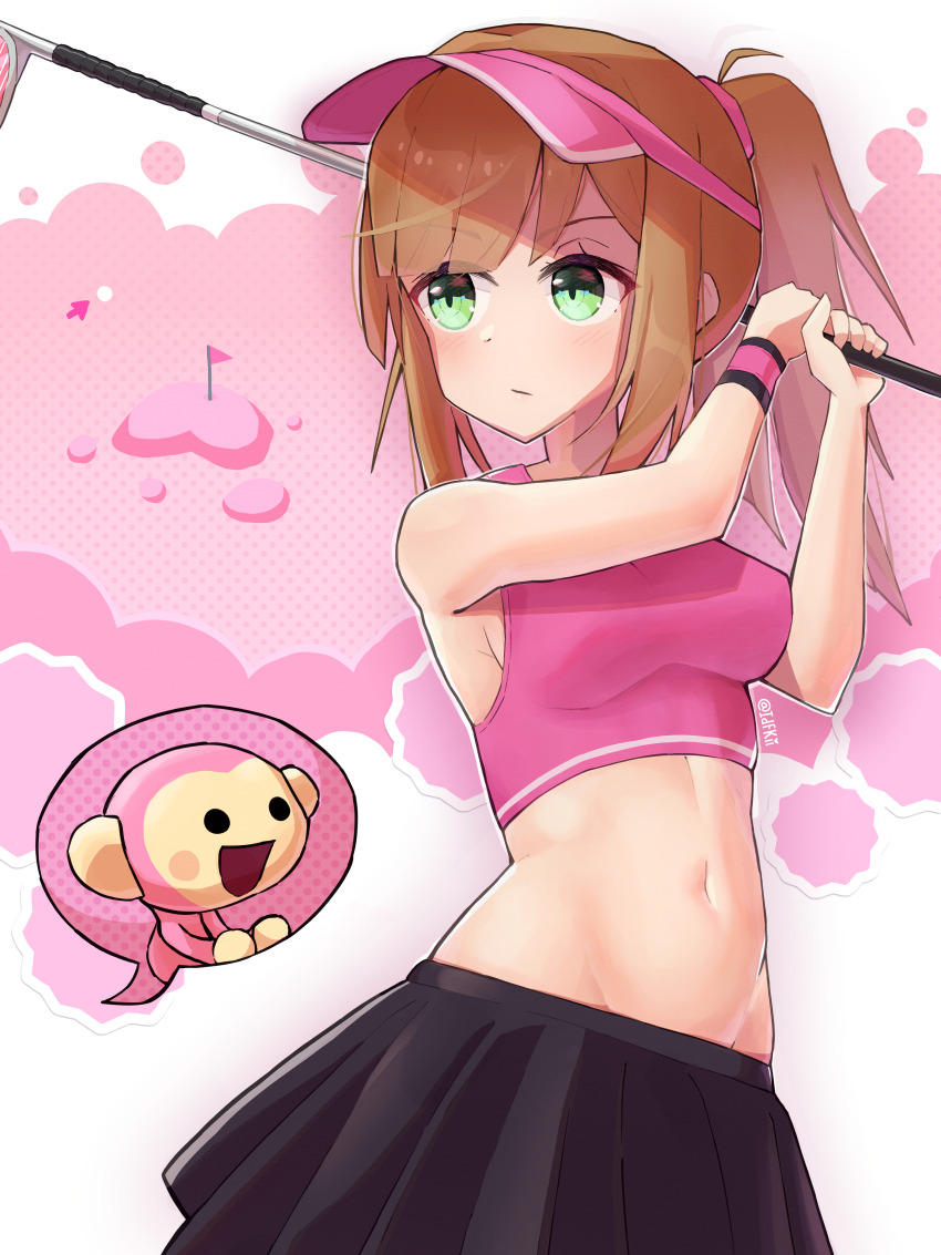 1girl, :/, :d, absurdres, armpits, belly, black_skirt, breasts, cleavage, cloud, commentary, english_commentary, flag, golf, golf_club, golf_course, golfer_(rhythm_tengoku), green_eyes, highres, holding, lavendeavor, looking_to_the_side, medium_breasts, midriff, minna_no_rhythm_tengoku, monkey_(rhythm_tengoku), navel, open_mouth, orange_hair, pink_background, pink_clouds, pink_sports_bra, rhythm_tengoku, serious, skirt, smile, sports_bra, visor_cap