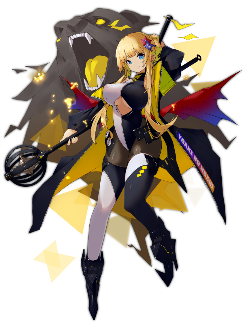 1girl, arm_up, bear, black_footwear, black_jacket, black_thighhighs, blonde_hair, blue_eyes