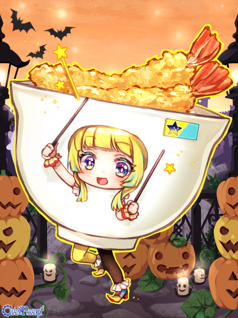 1girl, bat_(animal), blonde_hair, candle, chain_paradox, chibi, copyright_name, food, halloween_costume, hoshin_lyra, jack-o'-lantern, purple_eyes, shrimp, shrimp_tempura, solo, standing, tempura, two-tone_pantyhose, wrist_cuffs, yukino_cm