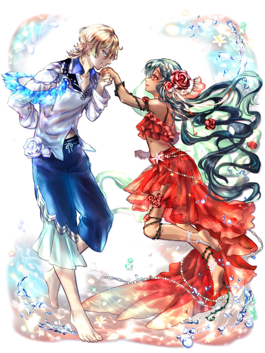 1boy, 1girl, barefoot, blonde_hair, blue_eyes, blue_shorts, braid, brown_eyes, chain_paradox, dark-skinned_female, dark_skin, dress, eye_contact, flower, gardenia_radice, hair_flower, hair_ornament, hetero, highres, holding_hands, jewelry, long_hair, looking_at_another, plant, red_flower, red_skirt, ring, scar, scar_on_back, shirt, shorts, skirt, smile, transparent_background, vines, water_drop, white_shirt, yukino_cm