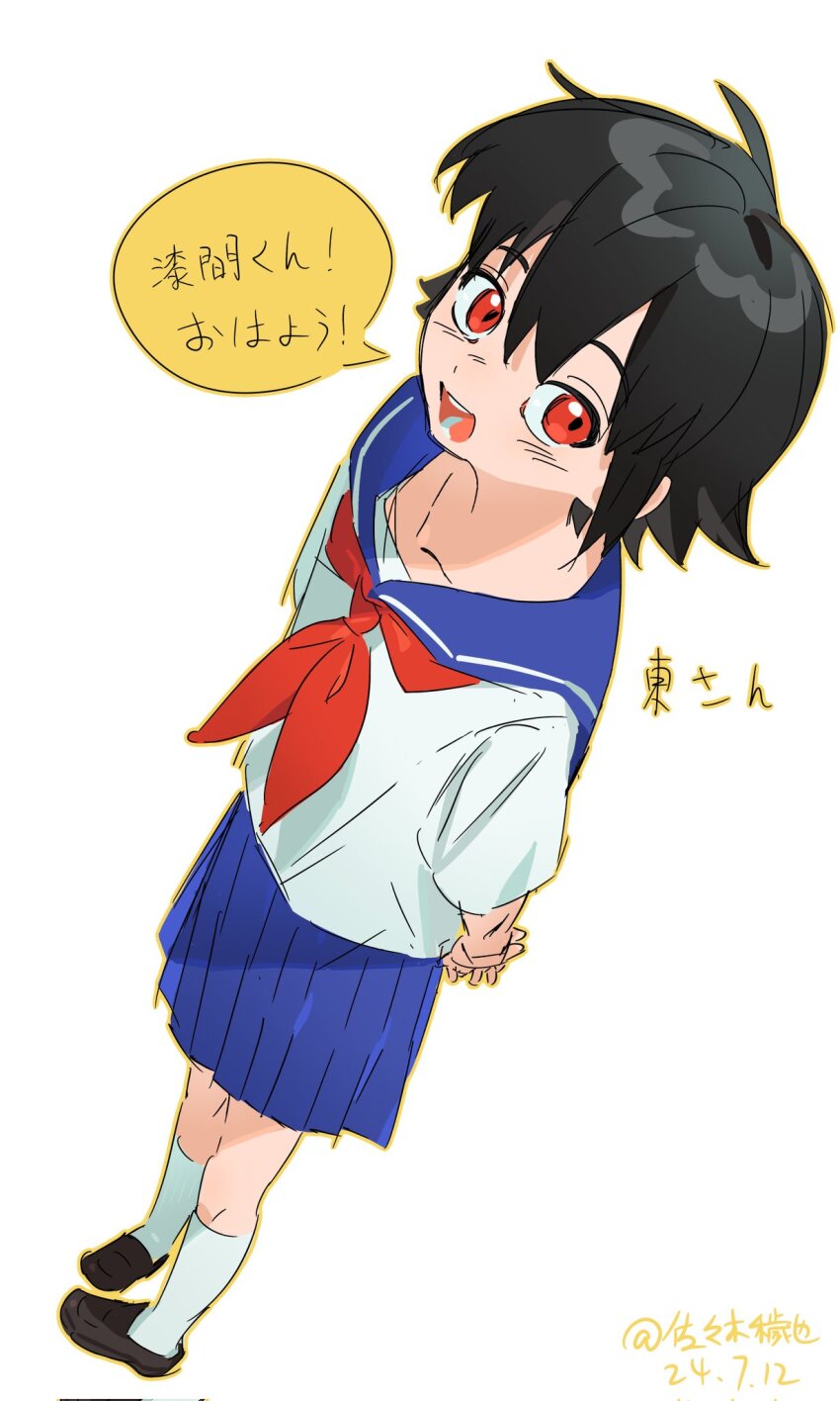 1girl, azuma_chizuru, black_hair, blue_skirt, highres, japanese_text, juujika_no_rokunin, long_hair, looking_at_viewer, open_mouth, red_eyes, red_ribbon, ribbon, sailor_collar, sailor_shirt, school_uniform, shirt, shoes, simple_background, skirt, socks, solo, tongue, white_background, white_shirt, white_socks