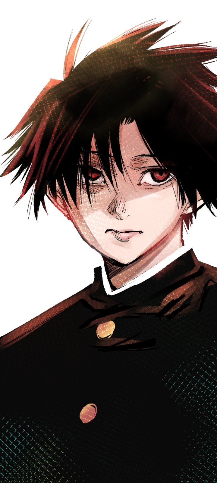 1boy, black_hair, black_jacket, closed_mouth, highres, jacket, juujika_no_rokunin, long_hair, looking_at_viewer, male_focus, red_eyes, school_uniform, serious, shirt, simple_background, solo, uruma_shun, white_background, white_shirt