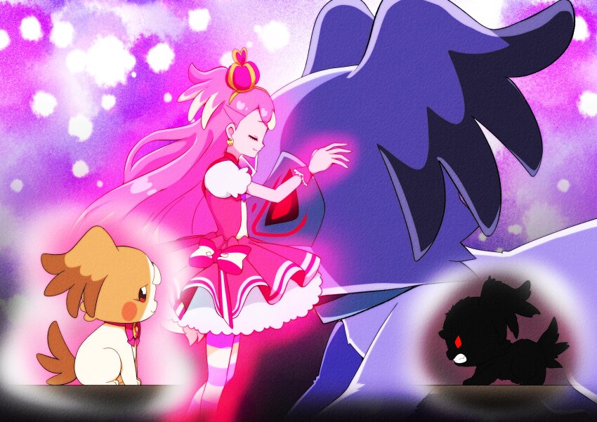 1girl, @est@, absurdres, arched_crown, bow, brooch, crown, cure_wonderful, dog, dress_bow, earrings, garugaru_(precure), growling, hairband, hat_ornament, heart, heart_brooch, heart_hat_ornament, highres, hug, inukai_komugi, inukai_komugi_(dog), jewelry, long_hair, mini_crown, multicolored_bow, papillon_(dog), pink_wrist_cuffs, precure, purple_wrist_cuffs, tilted_headwear, wonderful_precure!, wrist_cuffs, yellow_hairband