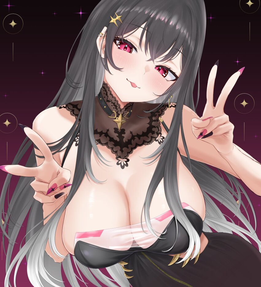 1girl, :p, absurdres, bare_shoulders, black_collar, black_dress, black_hair, black_nails