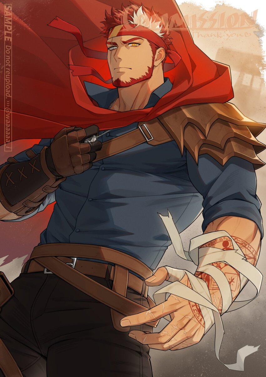 1boy, amagosi, arm_tattoo, armor, bandaged_arm, bandages, bara, beard