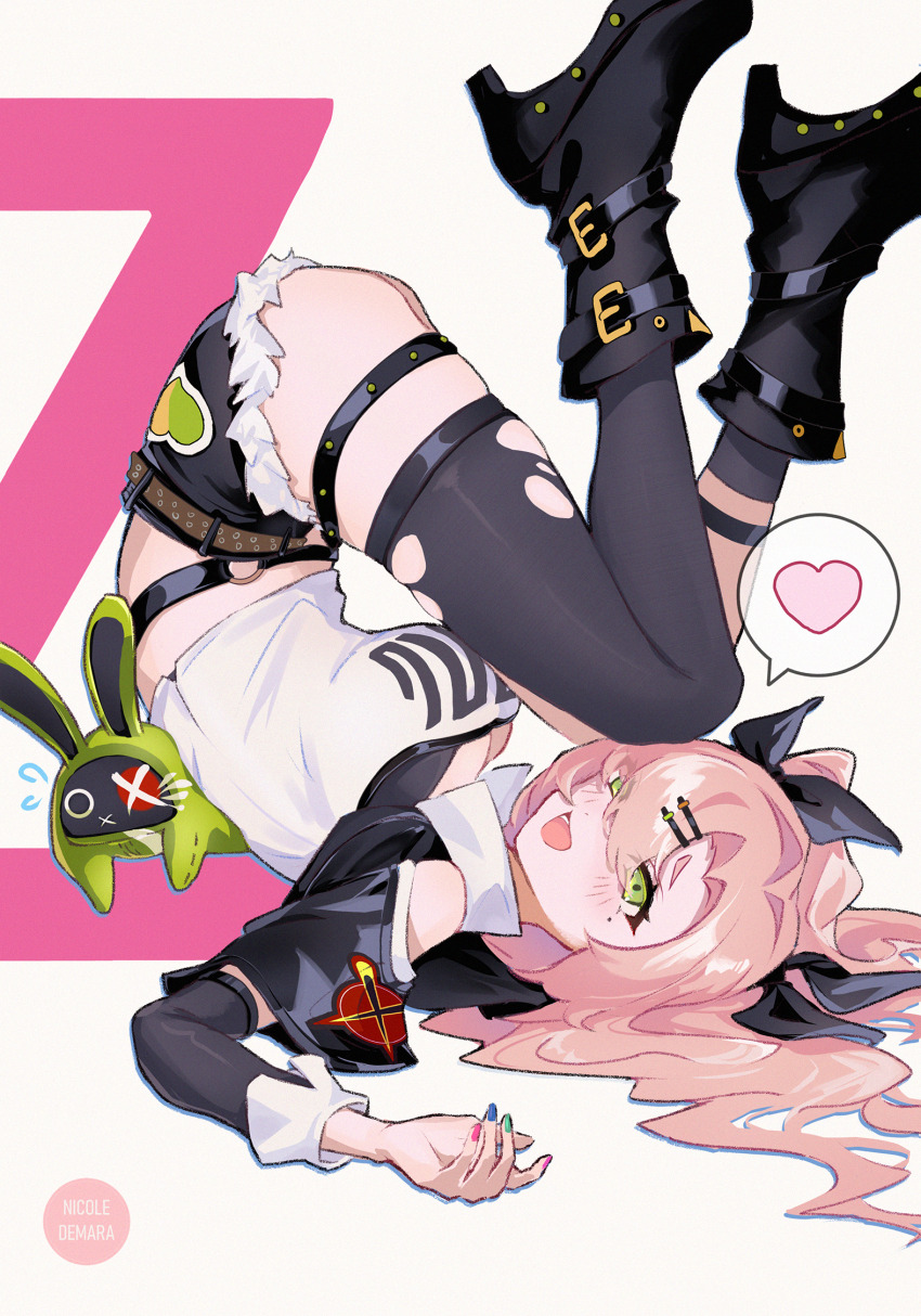 1girl, asymmetrical_legwear, bangboo_(zenless_zone_zero), black_boots, black_bow, black_thighhighs, blue_nails, blush