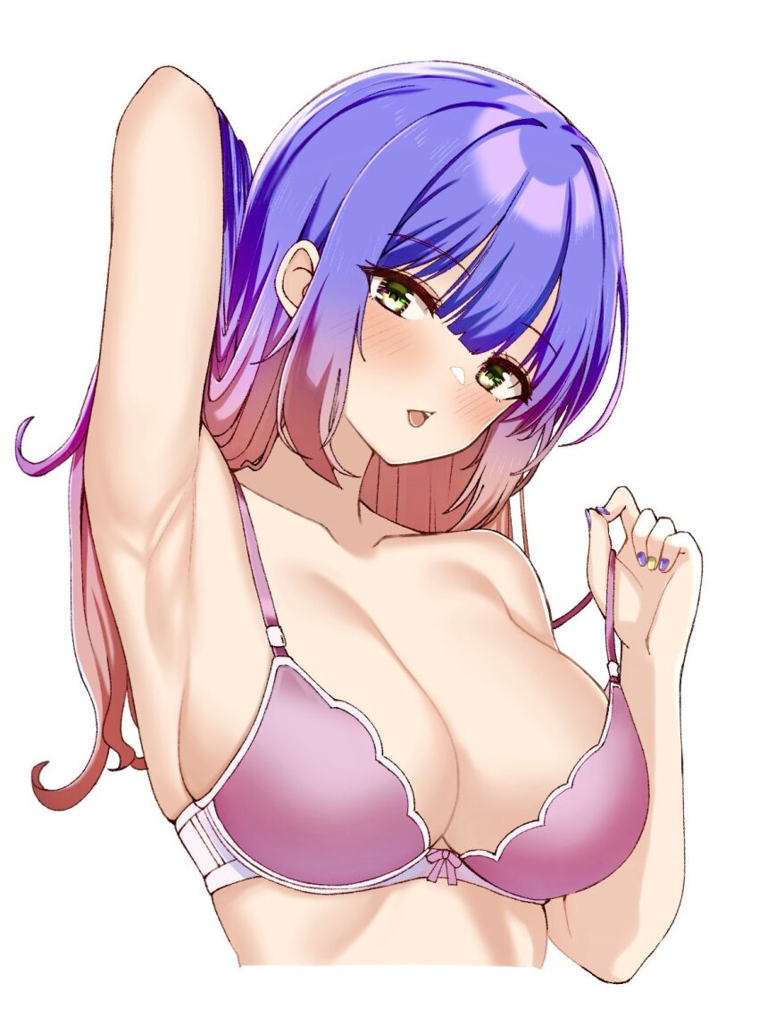 1girl, adjusting_hair, arm_behind_head, arm_up, armpits, bare_arms, blue_hair, blue_nails