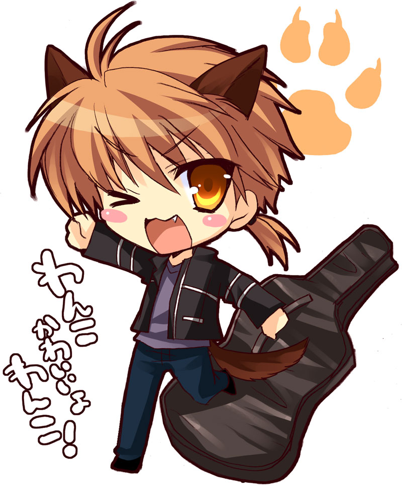 >:), 1boy, animal_ears, arm_up, black_footwear, black_jacket, blue_pants, blush_stickers, brown_eyes, chibi, clenched_hands, commentary_request, dog_ears, dog_tail, fang, guitar, guitar_case, happy, holding, holding_guitar, holding_instrument, igarashi_taichi, instrument, instrument_case, izumi_makoto, jacket, kichiku_megane, leg_up, low_ponytail, male_focus, one_eye_closed, open_clothes, open_jacket, open_mouth, orange_hair, pants, paw_print, ponytail, purple_shirt, running, shirt, short_hair, short_ponytail, smile, solo, tail, translation_request, v-neck, v-shaped_eyebrows, white_background