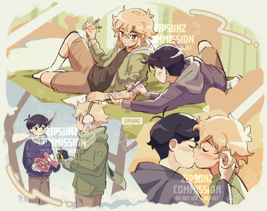 2boys, basil_(faraway)_(omori), basil_(omori), black_coat, black_eyes, black_hair, blonde_hair, blue_eyes