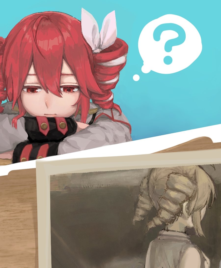 2girls, ?, arm_pillow, arms_on_table, blue_background, closed_mouth, commentary_request, crossed_arms