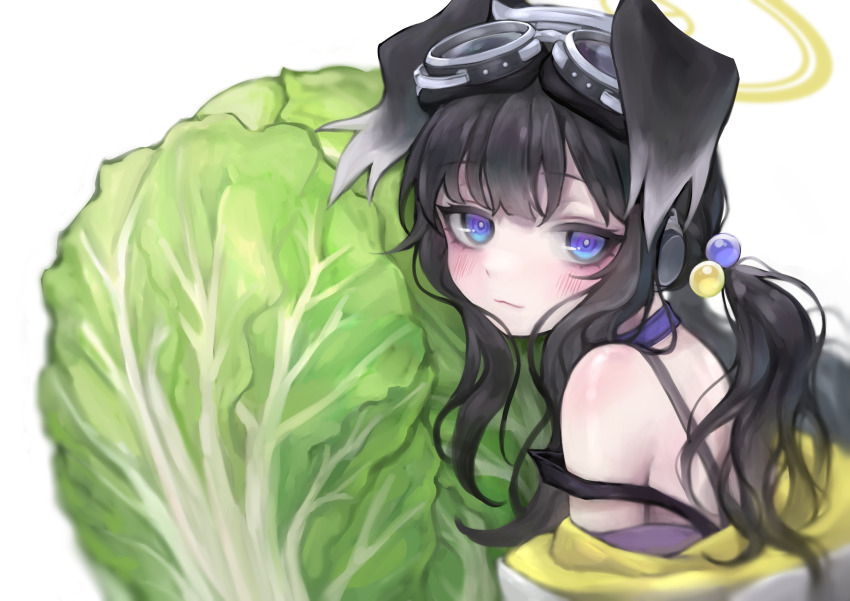 1girl, absurdres, adjustable_wrench, animal_ears, bare_shoulders, black_hair, blue_archive, blue_eyes